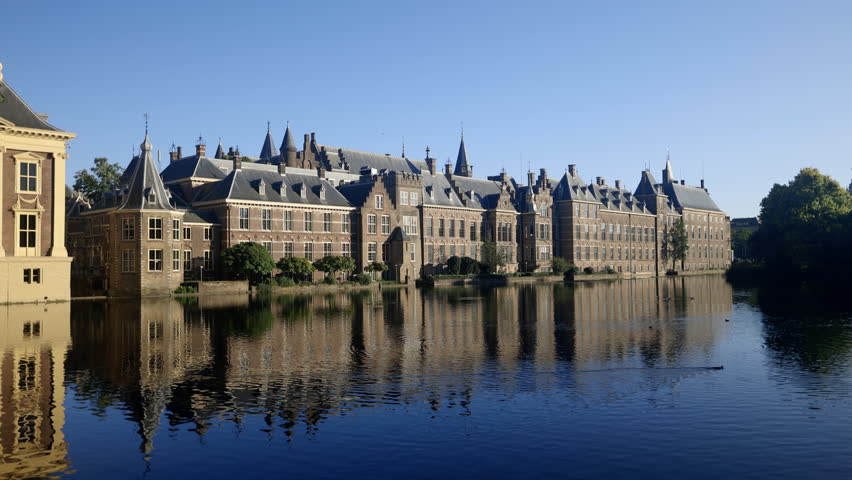 The Dutch Parliament modern skyline at sunset in The Hague, The Netherlands.