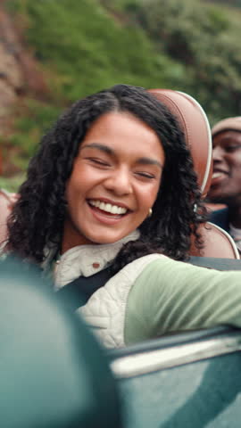 Woman, friends and laugh in car for road trip for destination, travel adventure and vacation. People, freedom and vehicle of transport journey, sightseeing fun and bonding together of getaway holiday