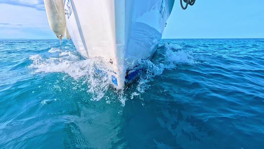 Breathtaking 4K cinematic drone footage of a white yacht sailing near the rugged, rocky coastline of the Black Sea. The video features crystal-clear blue waters, dense forested areas behind the coasta