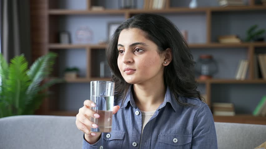 Young adult woman drinks water from a glass while sitting on the sofa in the living room at home. Happy smiling female feeling relieved, enjoying a clean cool drink, relaxing and resting. Close up