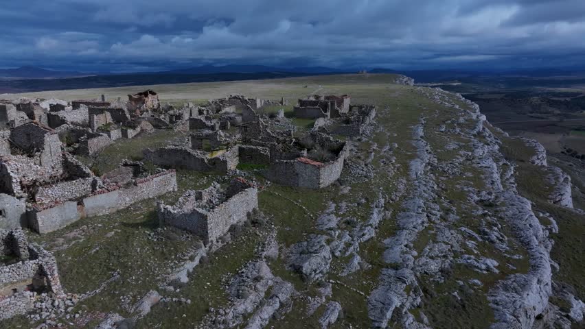 Aerial view from a drone of the abandoned village of Peñalcazar in the Campo de Gómara region, in the municipality of La Quiñonería, Soria, Autonomous Community of Castile and Leon, Spain, Europe