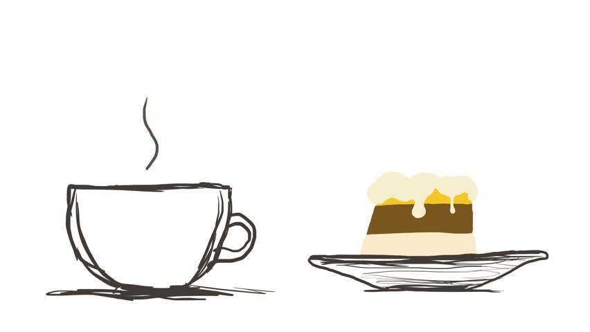 A simple drawn animation where there is a cup with a hot drink and a piece of cake on a plate. Smoke or steam comes out of the mug. - Powered by Shutterstock - Get 15% off with code: PIKWIZARD15