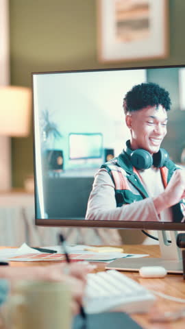 Computer, creative and video editing with software, hands and content creation on website or online. Media production, influencer and person with tech for process, screen and consistency for vlog