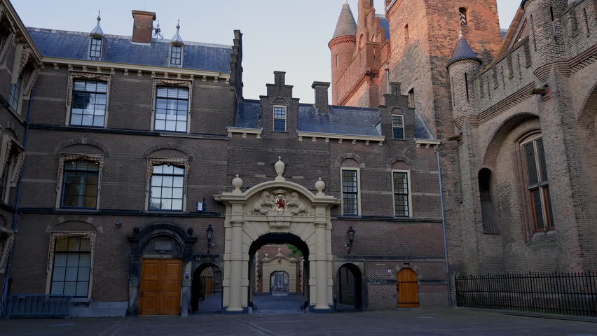 The Dutch Parliament Binnenhof square at evening, The Hague, The Netherlands.