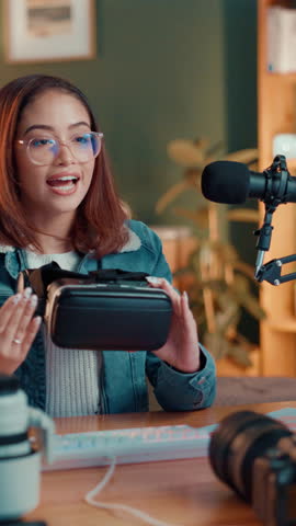 Virtual reality, channel and review with woman in studio for gaming headset, live streaming and influencer. VR gear feedback, tech guide and content creator with person in home for product update