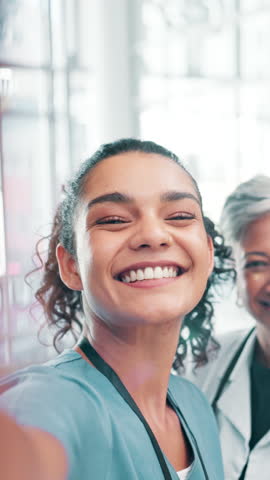 Selfie, face and happy nurses with doctors for social media post, peace sign and laughing together. Medical workers, people and group photo for healthcare, about us and team with portrait in hospital