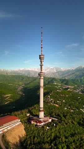 Aerial Panorama of Almaty city with TV tower in Kazakhstan