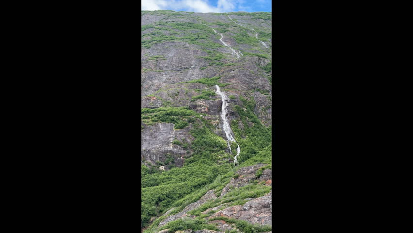 Passing view of a waterfall and two higher up, all probably snowmelt, on a steep mountainside along Tracy Arm Fjord late in June, southeast Alaska. Extreme wilderness terrain. 4K vertical video.