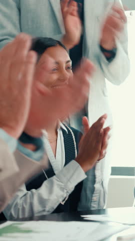 Happy woman, meeting and applause with team for congratulations or success at office. Female person, employees or colleagues clapping with smile for winning, thank you or promotion at workplace