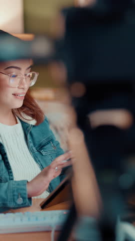 Studio, woman and content creation with tablet, browsing and smile for productivity, online and web. Happy, influencer and person with tech for video editing, creative and color grading for podcast