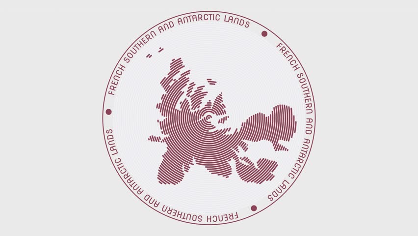 French Southern and Antarctic Lands shape with dynamic circles visual effect. Animation of French Southern and Antarctic Lands logo appearing from rotating rings and Country name around the shape.