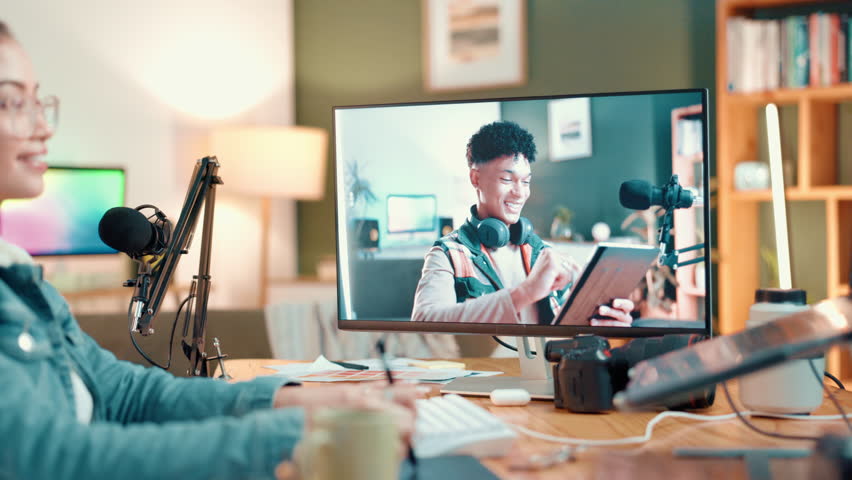 Woman, influencer and editing video with screen, laptop and production for effects or review. Monitor, tech or smile for content creation, broadcast or freelancer in house for social media podcast