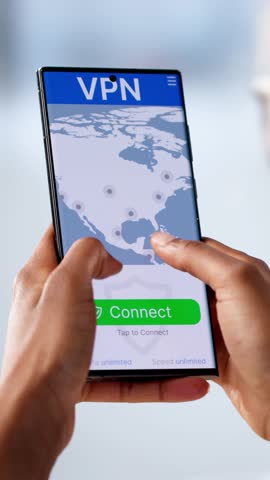 Woman Accessing Virtual Private Network On Mobile Phone. VPN Security System