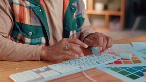 Office, hands and typing on keyboard by color swatch, software navigation or online for creativity. Artist, person and graphic designer with technology for startup business, design agency or palette - Powered by Shutterstock - Get 15% off with code: PIKWIZARD15