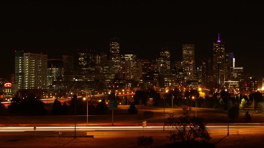 Downtown Denver, Colorado at night. Seamless loop. HD 1080p time lapse.