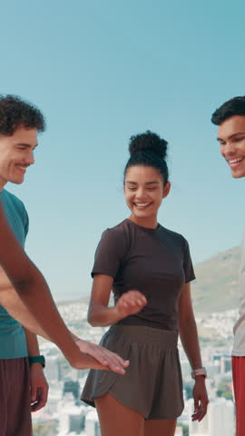 Outdoor, friends and hands with huddle for fitness, celebration and motivation for running together. Blue sky, solidarity and people with stack for support, synergy or excited group for exercise goal