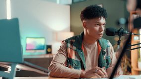 Home, mic and man with laptop, typing and content creation for talk show, broadcast and email. Person, computer or radio presenter with equipment, pc and research for information and online reading - Powered by Shutterstock - Get 15% off with code: PIKWIZARD15