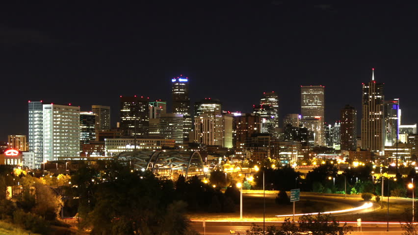 A beautiful night time lapse of  Denver skyline, with highway. HD 1080p
