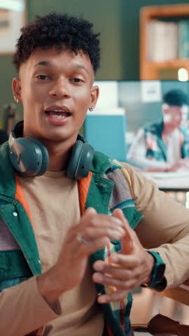 Man, influencer and live stream for chat, face and gear by computer screen, advice and web in home. Person, presenter and podcast for video editing tips on channel, tech and social media in Brazil