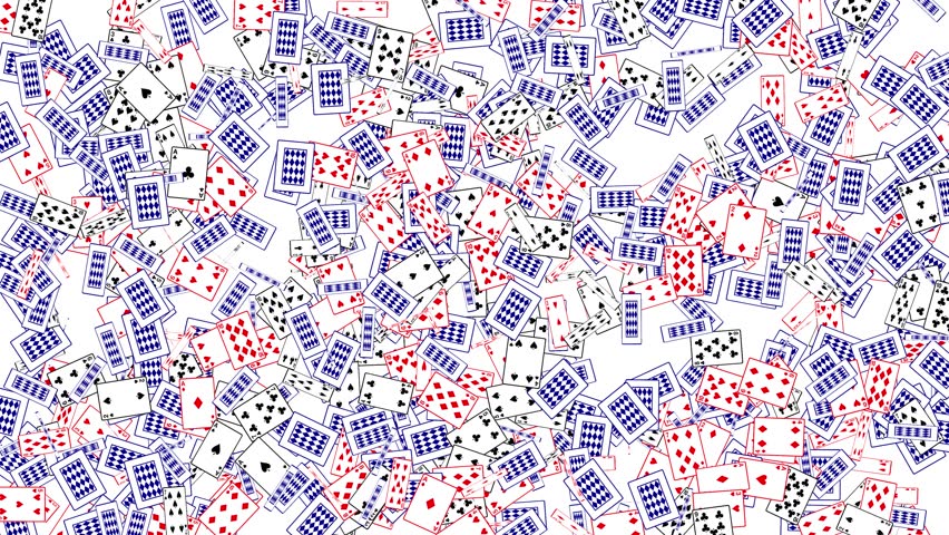 Many playing cards featuring all suits like hearts spades clubs and diamonds fly randomly across the screen in a chaotic floating animation