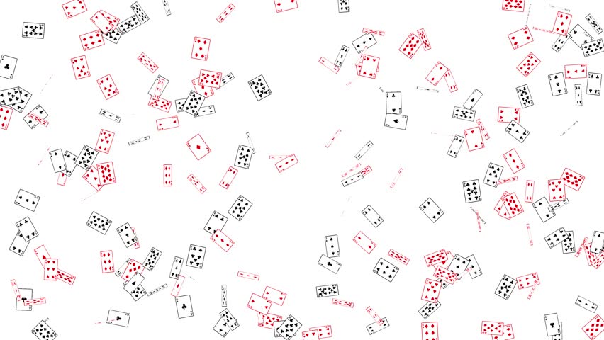 Many playing cards from all four suits flutter and fly around chaotically before the four aces from a poker hand are revealed