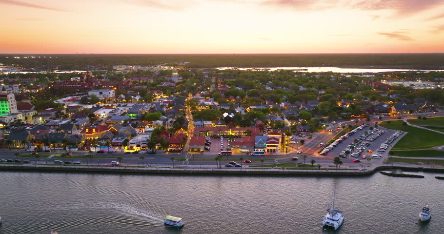 St. Augustine, Florida. Old city landscape with historical fort Castillo de San Marcos, National Monument open to public. Travel destination for tourists on vacation in Florida.