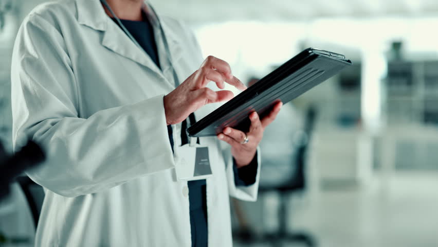 Laboratory, hands and scientist with tablet for results, investigate and scroll research for medical. Healthcare, person and doctor with tech for online study, information and test report in app