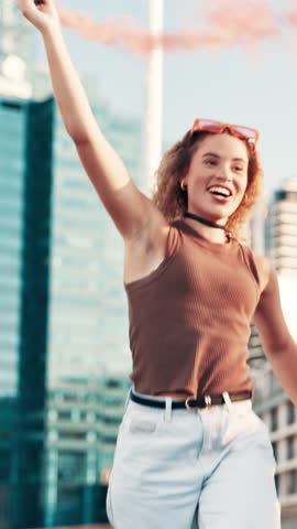 Women, friends and flare with shopping cart in city with adventure, playful and trendy fashion in street. Gen z people, girl and happy with trolley, game and smoke for color with streetwear in town