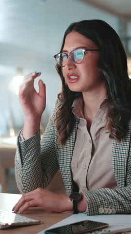 Headache, glasses and businesswoman in office with burnout, fatigue or eye strain for computer. Tired, stress and female journalist with migraine for exhaustion with project deadline in workplace.