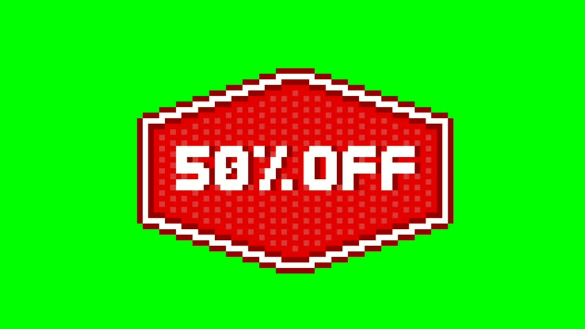 Discount 50% OFF percent stickers animation motion graphics on green screen with pixel art style. Looped pumping animation for video elements business concept