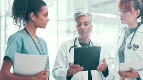 Medical people, doctors and nurse with tablet and paperwork for schedule, results or planning in hospital. Leader, women or healthcare workers with technology for about us, online advice and teamwork - Powered by Shutterstock - Get 15% off with code: PIKWIZARD15