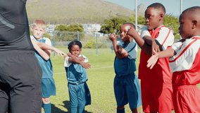 Soccer, coach and stretching with children, warm up and training for fitness in morning and active. Outdoor, man and workout with kids for competition, flexibility and routine for football match - Powered by Shutterstock - Get 15% off with code: PIKWIZARD15