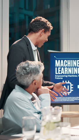 Business man, presentation and machine learning at office, night and discussion for AI development. Person, speaker and monitor for futuristic tech, meeting and review for project at startup agency