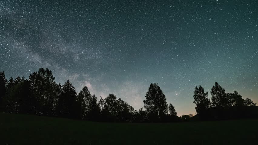Milky Way Galaxy Stars over Forest, Astronomy Time Lapse Night to Day
