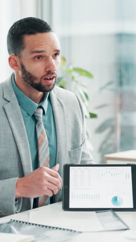 Meeting, pitch or businessman on tablet screen for charts, data or graphs for project funding. Speaker, economist or financial advisor talking to investor for infographics, presentation or results