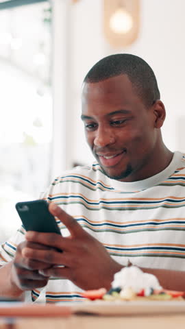 Laughing, phone and man in coffee shop online for social media, message and internet. Cafeteria, restaurant and person on smartphone for connection, networking and mobile app for communication