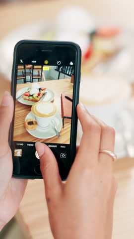 Hands, woman and phone screen for picture at cafe for social media, dessert update and influencer. Person, mobile and coffee photography of food post, breakfast blog and content creator at restaurant