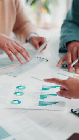 Hands, documents and charts for meeting at office with review, team and investment planning with stats at company. People, paperwork and graphs for stock market research with report at finance agency