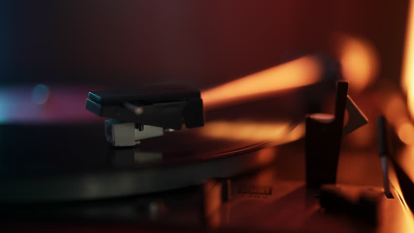 Spinning Record LP Vinyl Player. Close-Up. Analog audio equipment, vintage party