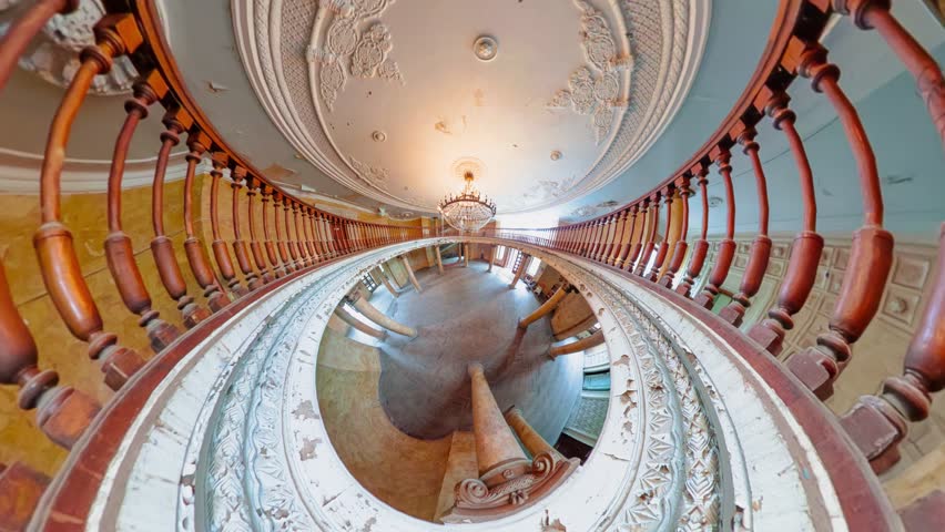 Wide-angle view capturing an opulent chandelier illuminating the decaying grandeur of Sanatorium Metallurgist in Tsqaltubo, Georgia, revealing intricate ceiling details and worn marble columns