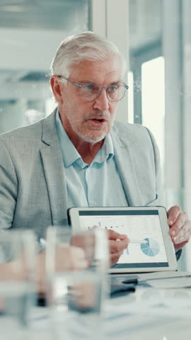 Meeting, tablet screen and businessman in office with statistics, graphs or charts for finance. Technology, presentation and mature male financial analyst with data for company investment planning.