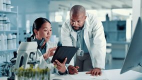 Coaching, science and tablet with people in laboratory together for medical development or research. App, training or and innovation with scientist and student at work on clinical trial for discovery - Powered by Shutterstock - Get 15% off with code: PIKWIZARD15