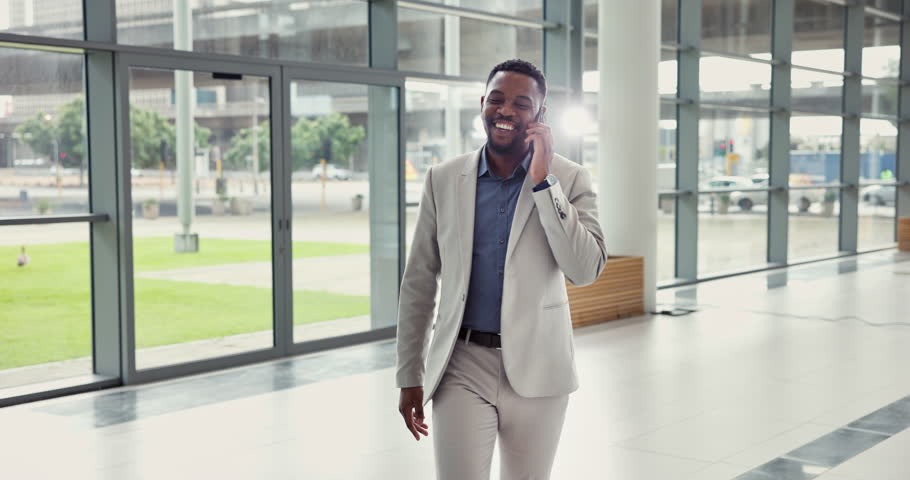 Business, black man or happy with phone call in office building for feedback, good news or advice. Financial advisor, employee and talking to client for networking, discussion or contract negotiation