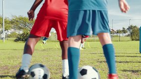 Kids, soccer players and training with coaches, fitness and skills development with technique. Closeup, children and sports with football, practice or exercise with cardio, motor coordination or game - Powered by Shutterstock - Get 15% off with code: PIKWIZARD15