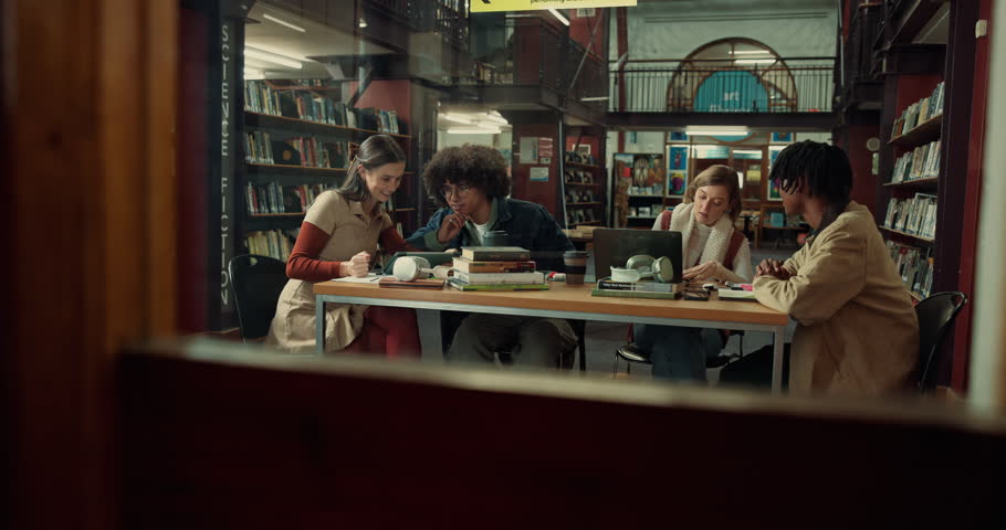 Education, studying and students in library, talk and deadline for assignment, tech and books. Friends, university or people with exam prep, project or knowledge with scholarship, support or research