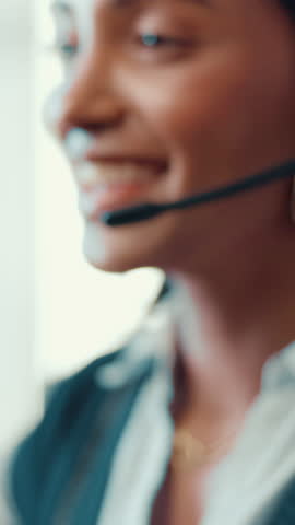 Woman, headset and customer service agent in office with online consultation for CRM, help desk or advice. Mic, call center and mouth of technical support consultant with query for troubleshooting