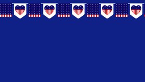 Looping animation of hanging USA flags and heart-shaped symbols forming a festive frame with copyspace. Perfect for Flag Day, Independence Day, and patriotic American celebrations. - Powered by Shutterstock - Get 15% off with code: PIKWIZARD15