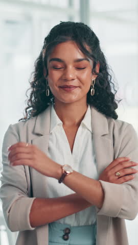 Pride, crossed arms and face of businesswoman in office with confidence for finance career growth. Smile, professional and portrait of female investment banker from Brazil with happiness in workplace