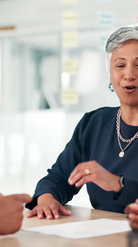 Business, mature woman and handshake for interview for introduction, recruitment and onboarding deal. Female person, shaking hands and partnership, hiring candidate and negotiation of b2b opportunity