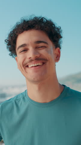 Face, athlete and man with smile, outdoor and confident for wellness in morning, fitness or workout. Happy, proud and person with sportswear for exercise, break or healthy with routine in environment